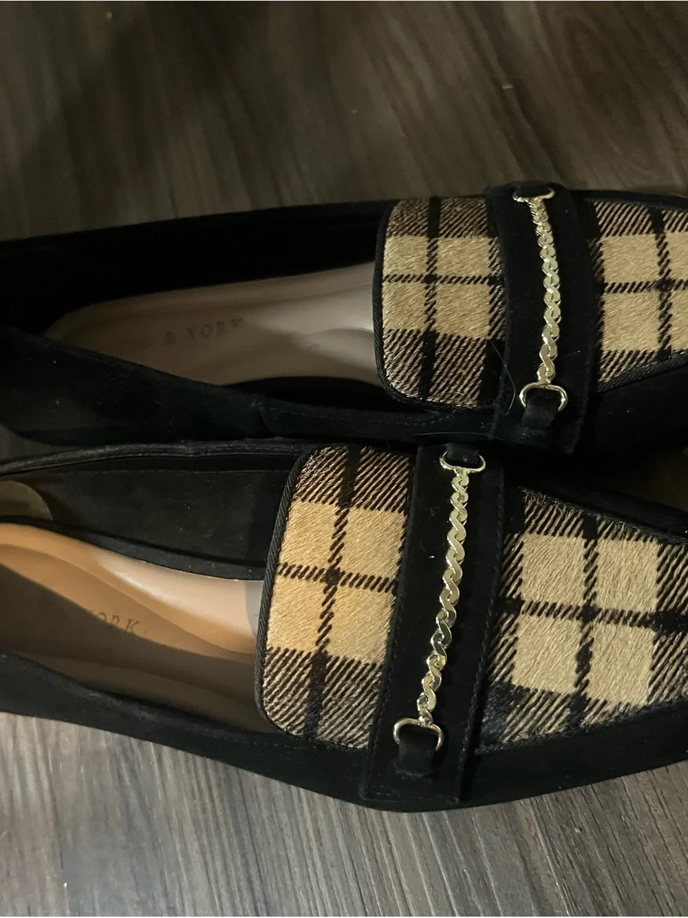 Preston & York Black Suede Loafers with Beige Plaid Vamp and Gold Tone Bit